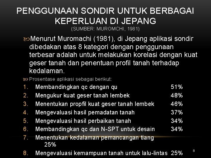 PENGGUNAAN SONDIR UNTUK BERBAGAI KEPERLUAN DI JEPANG (SUMBER: MUROMCHI, 1981) Menurut Muromachi (1981), di