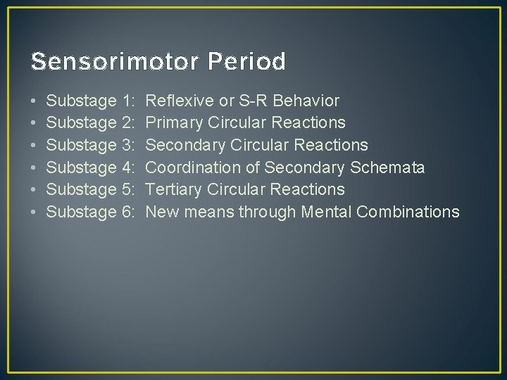 Sensorimotor Period • • • Substage 1: Substage 2: Substage 3: Substage 4: Substage