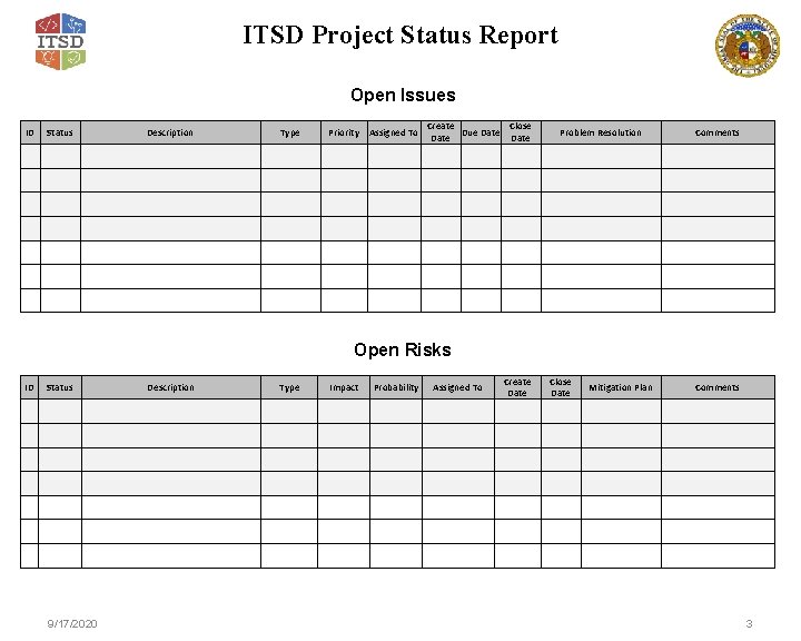 ITSD Project Status Report Open Issues ID Status Description Type Priority Assigned To Create