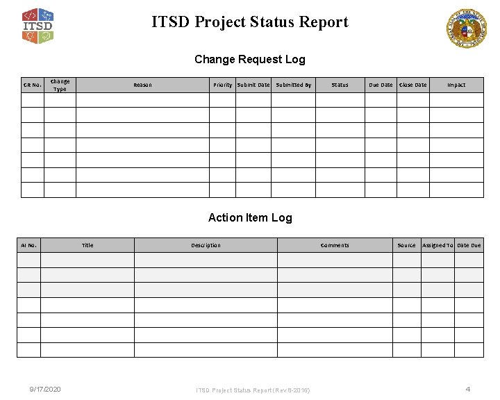 ITSD Project Status Report Change Request Log CR No. Change Type Reason Priority Submit