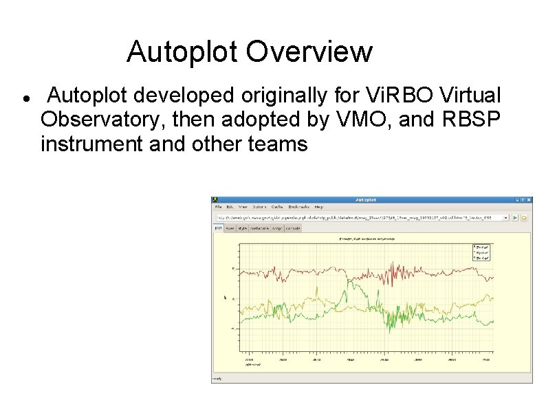 Autoplot Overview Autoplot developed originally for Vi. RBO Virtual Observatory, then adopted by VMO,