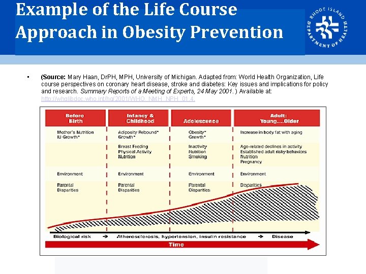 Example of the Life Course Approach in Obesity Prevention • (Source: Mary Haan, Dr.