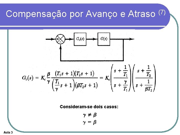 Compensação por Avanço e Atraso (7) Consideram-se dois casos: Aula 3 Compensação por Avanço e Atraso (7) Consideram-se dois casos: Aula 3