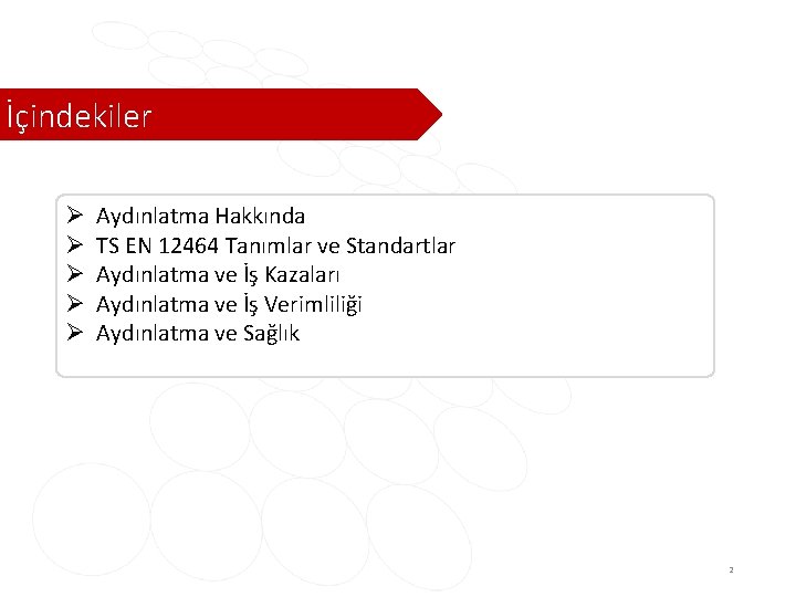 İçindekiler Ø Ø Ø Aydınlatma Hakkında TS EN 12464 Tanımlar ve Standartlar Aydınlatma ve