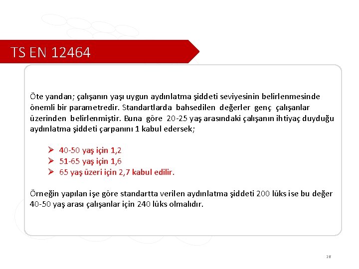 TS EN 12464 Öte yandan; çalışanın yaşı uygun aydınlatma şiddeti seviyesinin belirlenmesinde önemli bir