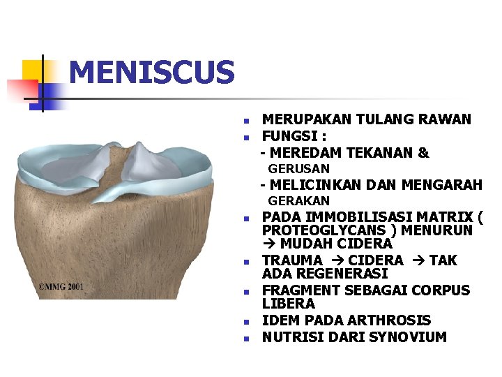 MENISCUS n n MERUPAKAN TULANG RAWAN FUNGSI : - MEREDAM TEKANAN & GERUSAN -