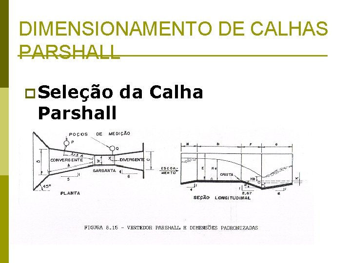DIMENSIONAMENTO DE CALHAS PARSHALL p Seleção da Calha Parshall 