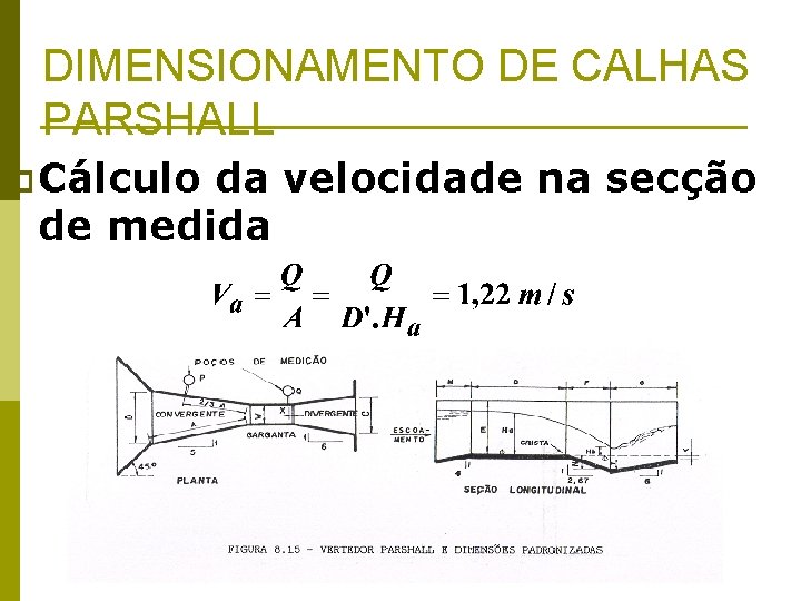 DIMENSIONAMENTO DE CALHAS PARSHALL p Cálculo da velocidade na secção de medida 