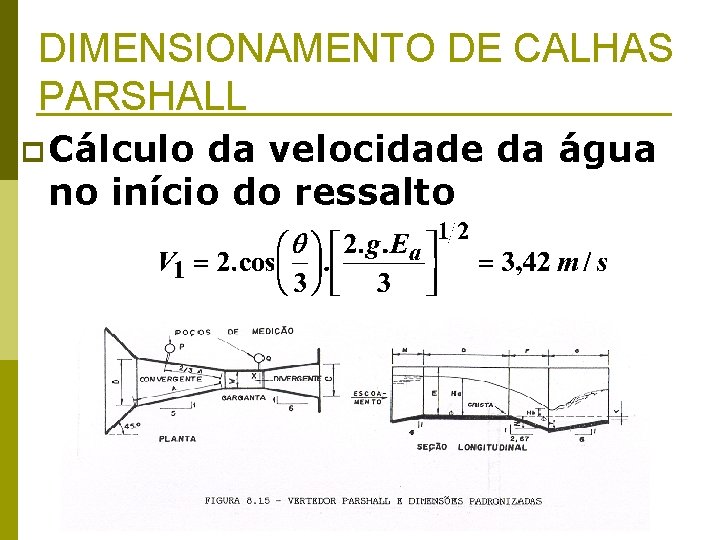 DIMENSIONAMENTO DE CALHAS PARSHALL p Cálculo da velocidade da água no início do ressalto