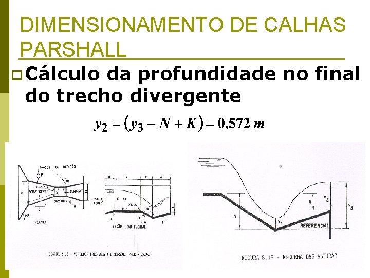 DIMENSIONAMENTO DE CALHAS PARSHALL p Cálculo da profundidade no final do trecho divergente 