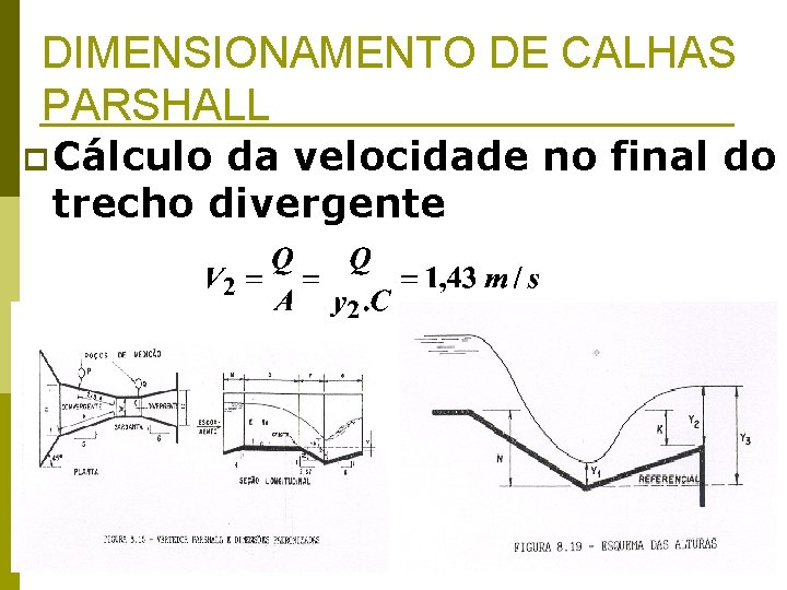 DIMENSIONAMENTO DE CALHAS PARSHALL p Cálculo da velocidade no final do trecho divergente 