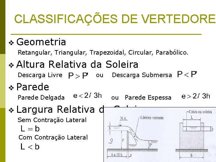 CLASSIFICAÇÕES DE VERTEDORES v Geometria Retangular, Triangular, Trapezoidal, Circular, Parabólico. v Altura Relativa da