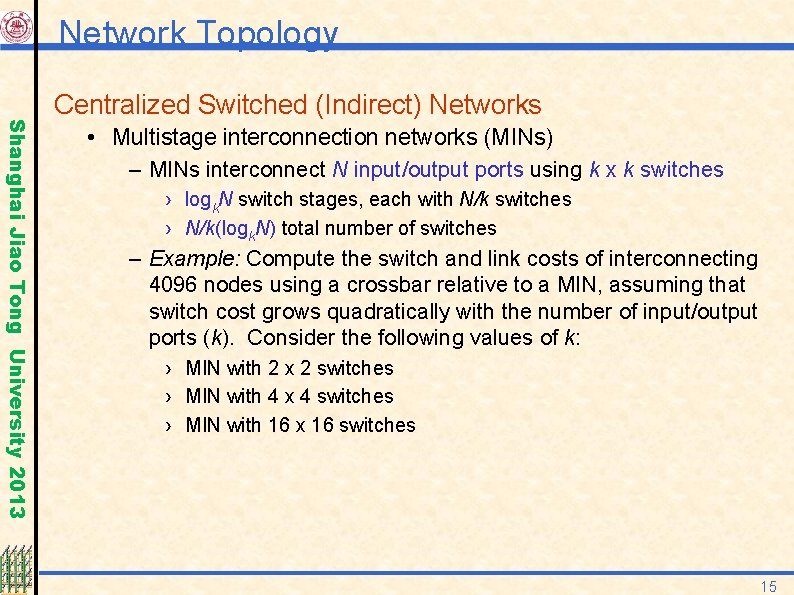 Network Topology Shanghai Jiao Tong University 2013 Centralized Switched (Indirect) Networks • Multistage interconnection