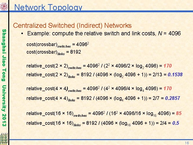 Network Topology Shanghai Jiao Tong University 2013 Centralized Switched (Indirect) Networks • Example: compute