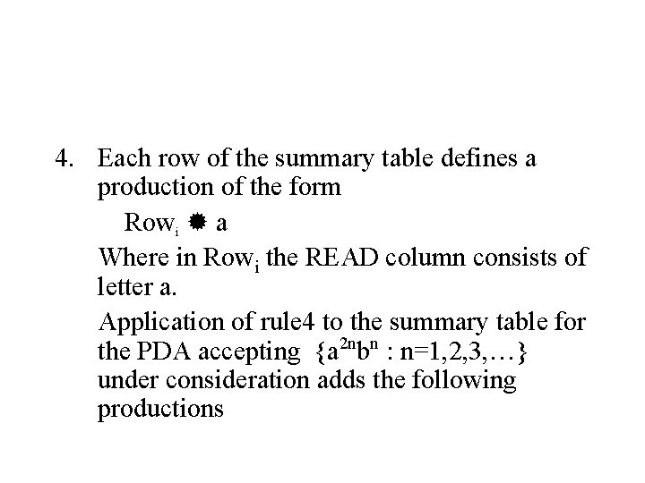 4. Each row of the summary table defines a production of the form Rowi