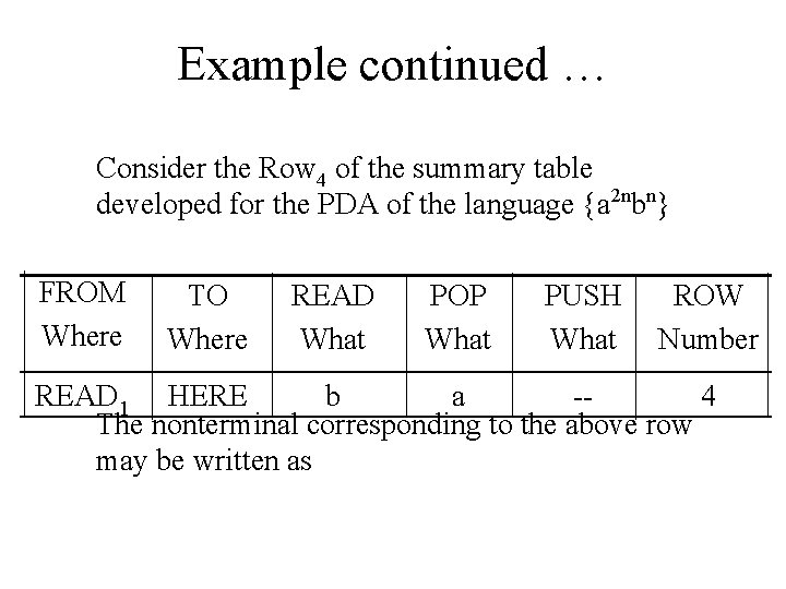 Example continued … Consider the Row 4 of the summary table developed for the