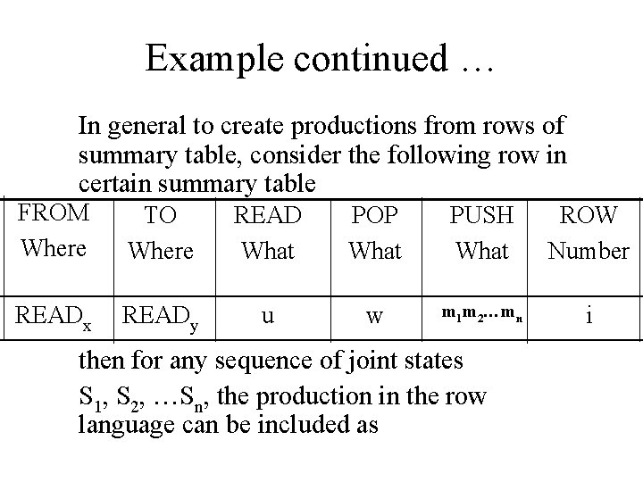 Example continued … In general to create productions from rows of summary table, consider