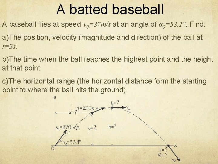 A batted baseball A baseball flies at speed v 0=37 m/s at an angle