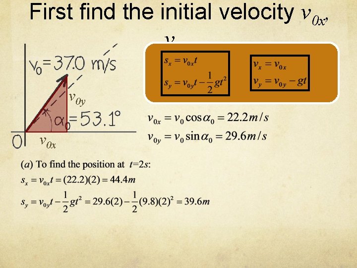 First find the initial velocity v 0 x, v 0 y v 0 x