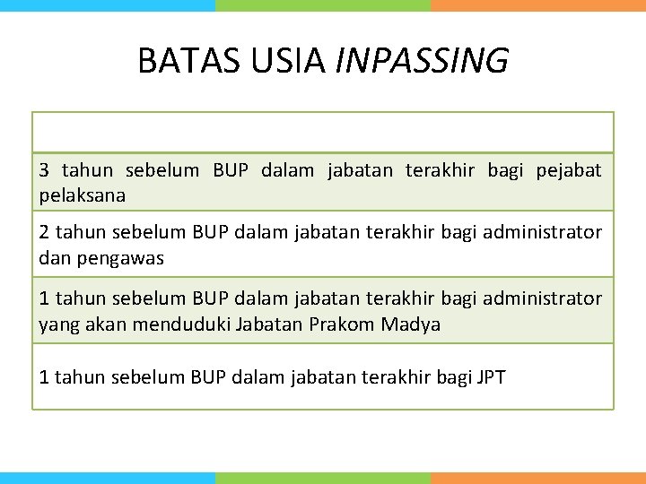 BATAS USIA INPASSING 3 tahun sebelum BUP dalam jabatan terakhir bagi pejabat pelaksana 2 BATAS USIA INPASSING 3 tahun sebelum BUP dalam jabatan terakhir bagi pejabat pelaksana 2