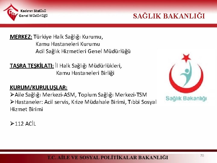 Kadının Statüsü Genel Müdürlüğü SAĞLIK BAKANLIĞI MERKEZ: Türkiye Halk Sağlığı Kurumu, Kamu Hastaneleri Kurumu
