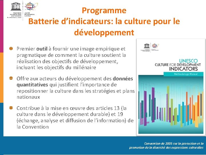 Programme Batterie d’indicateurs: la culture pour le développement Premier outil à fournir une image