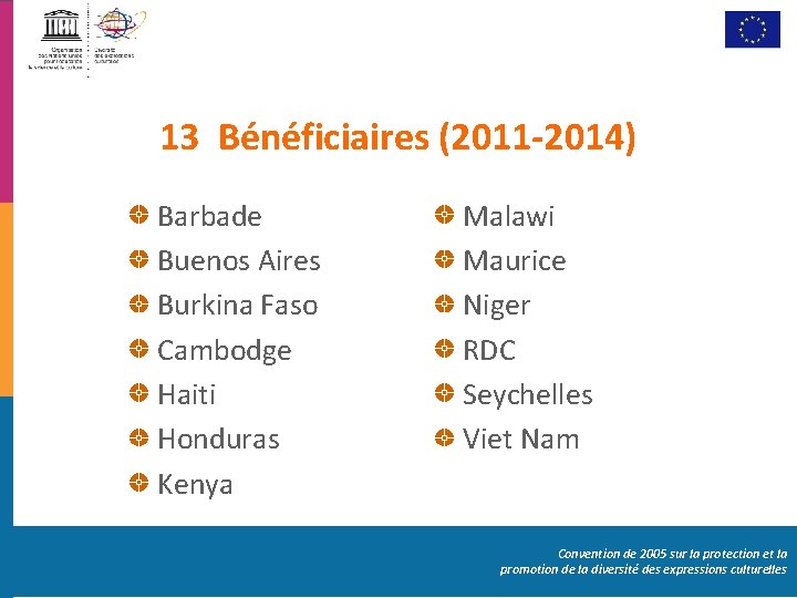 13 Bénéficiaires (2011 -2014) Barbade Buenos Aires Burkina Faso Cambodge Haiti Honduras Kenya Malawi