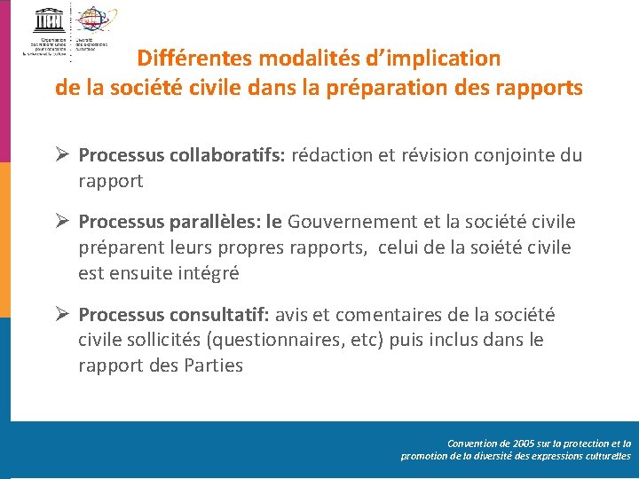 Différentes modalités d’implication de la société civile dans la préparation des rapports Ø Processus