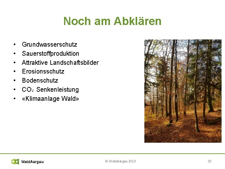 Noch am Abklären • • Grundwasserschutz Sauerstoffproduktion Attraktive Landschaftsbilder Erosionsschutz Bodenschutz CO₂ Senkenleistung «Klimaanlage