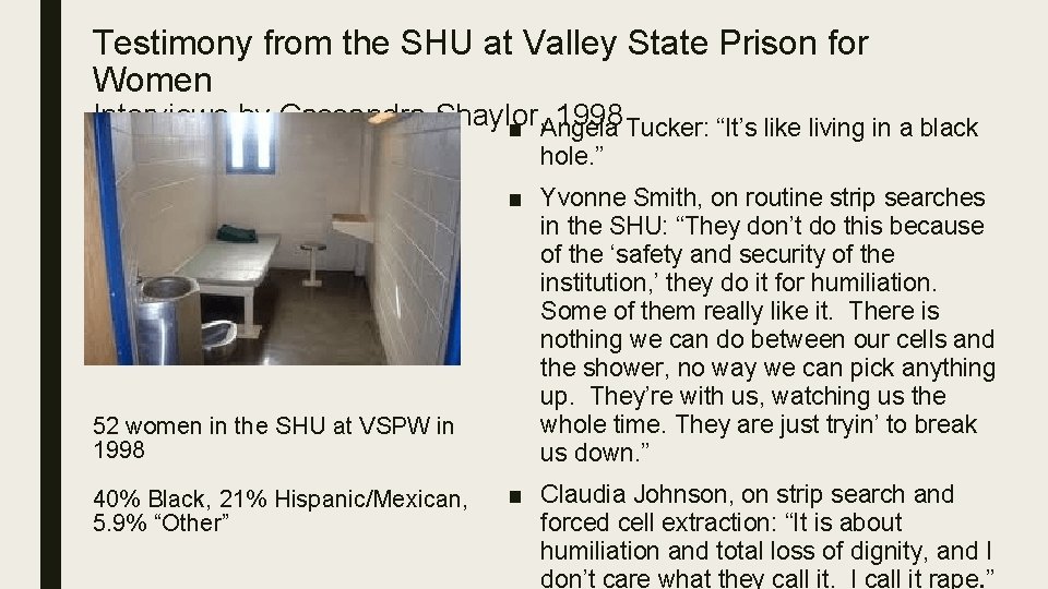 Testimony from the SHU at Valley State Prison for Women Interviews by Cassandra Shaylor,