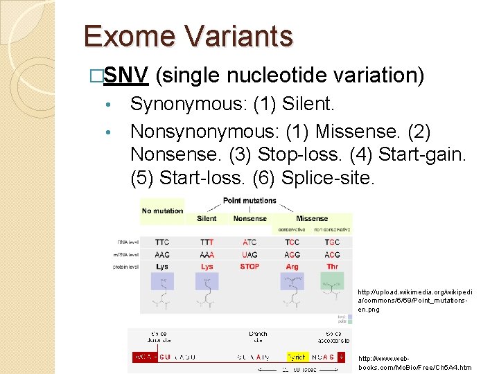 Exome Variants �SNV (single nucleotide variation) Synonymous: (1) Silent. • Nonsynonymous: (1) Missense. (2)