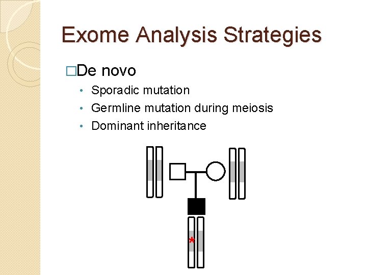 Exome Analysis Strategies �De novo Sporadic mutation • Germline mutation during meiosis • Dominant