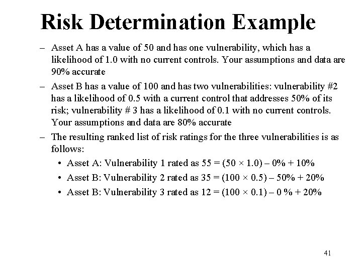 Risk Determination Example – Asset A has a value of 50 and has one