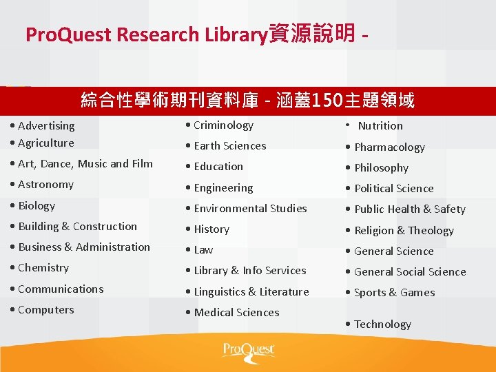 Pro. Quest Research Library資源說明 綜合性學術期刊資料庫 - 涵蓋150主題領域 • Advertising • Agriculture • Criminology •