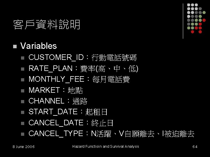 客戶資料說明 n Variables n n n n CUSTOMER_ID:行動電話號碼 RATE_PLAN:費率(高、中、低) MONTHLY_FEE:每月電話費 MARKET:地點 CHANNEL:通路 START_DATE:起租日 CANCEL_DATE:終止日 客戶資料說明 n Variables n n n n CUSTOMER_ID:行動電話號碼 RATE_PLAN:費率(高、中、低) MONTHLY_FEE:每月電話費 MARKET:地點 CHANNEL:通路 START_DATE:起租日 CANCEL_DATE:終止日