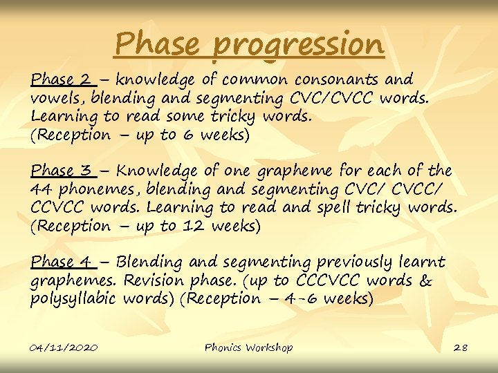 Phase progression Phase 2 – knowledge of common consonants and vowels, blending and segmenting