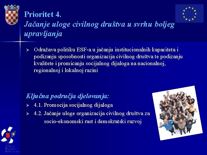 Prioritet 4. Jačanje uloge civilnog društva u svrhu boljeg upravljanja Ø Odražava politiku ESF-a
