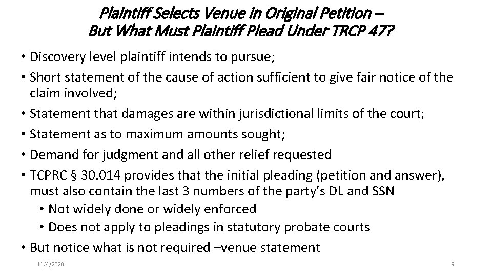 Plaintiff Selects Venue in Original Petition – But What Must Plaintiff Plead Under TRCP