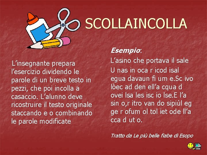 SCOLLAINCOLLA Esempio: L’insegnante prepara l’esercizio dividendo le parole di un breve testo in pezzi,