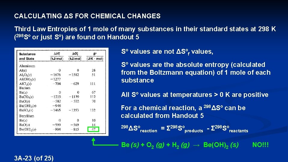 CALCULATING ΔS FOR CHEMICAL CHANGES Third Law Entropies of 1 mole of many substances