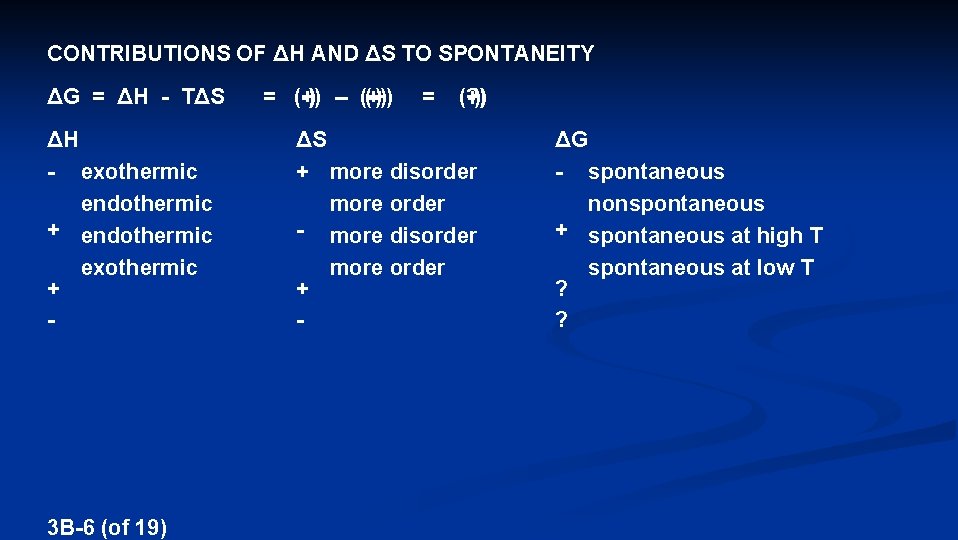 CONTRIBUTIONS OF ΔH AND ΔS TO SPONTANEITY ΔG = ΔH - TΔS ΔH -