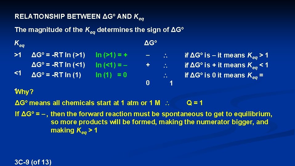 RELATIONSHIP BETWEEN ΔGº AND Keq The magnitude of the Keq determines the sign of