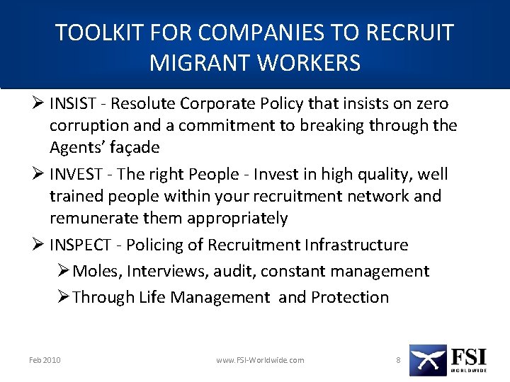 TOOLKIT FOR COMPANIES TO RECRUIT MIGRANT WORKERS Ø INSIST - Resolute Corporate Policy that