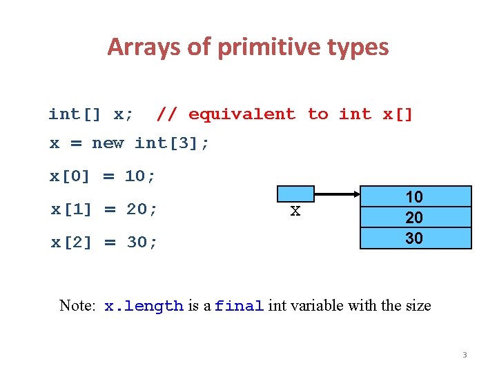 Arrays of primitive types int[] x; // equivalent to int x[] x = new