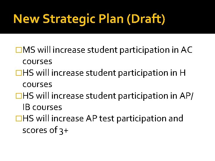 New Strategic Plan (Draft) �MS will increase student participation in AC courses �HS will