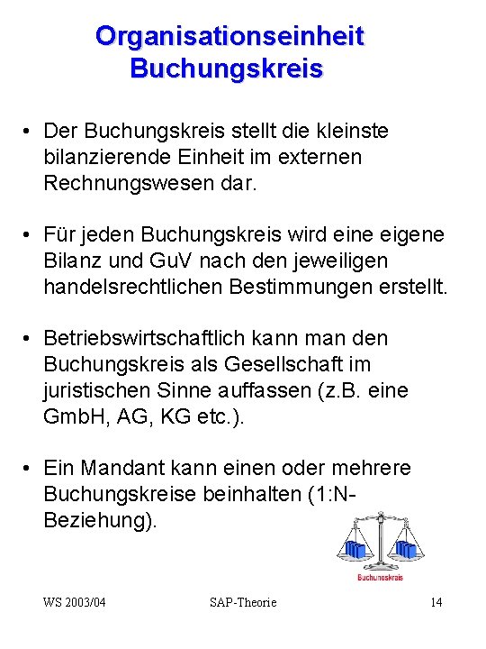 Organisationseinheit Buchungskreis • Der Buchungskreis stellt die kleinste bilanzierende Einheit im externen Rechnungswesen dar.