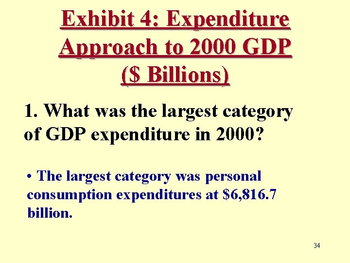 Exhibit 4: Expenditure Approach to 2000 GDP ($ Billions) 1. What was the largest