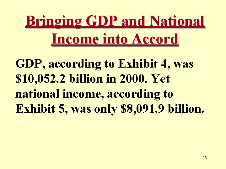 Bringing GDP and National Income into Accord GDP, according to Exhibit 4, was $10,