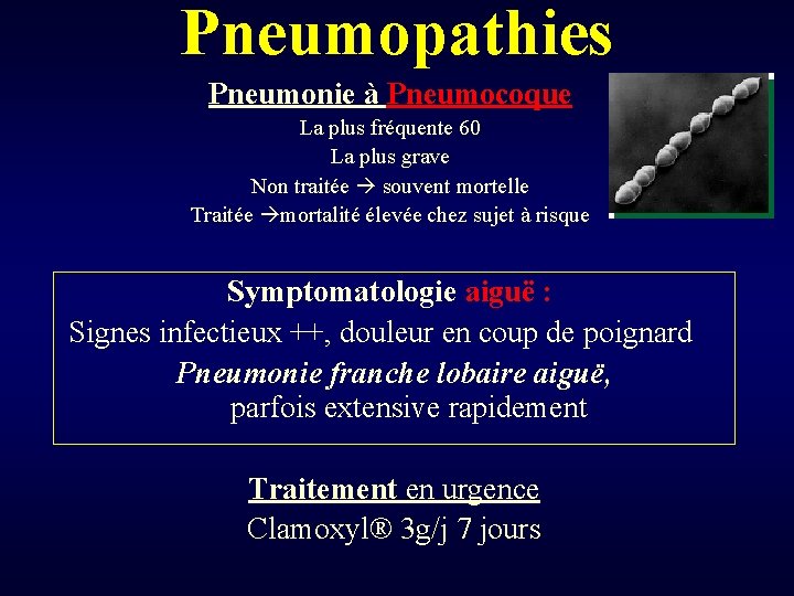 Pneumopathies Pneumonie à Pneumocoque La plus fréquente 60 La plus grave Non traitée souvent