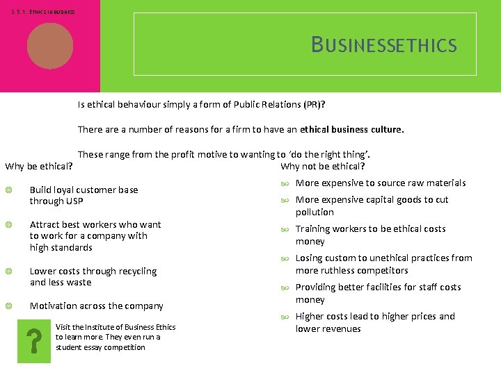 3. 5. 1. ETHICS IN BUSINESS B USINESSETHICS Is ethical behaviour simply a form